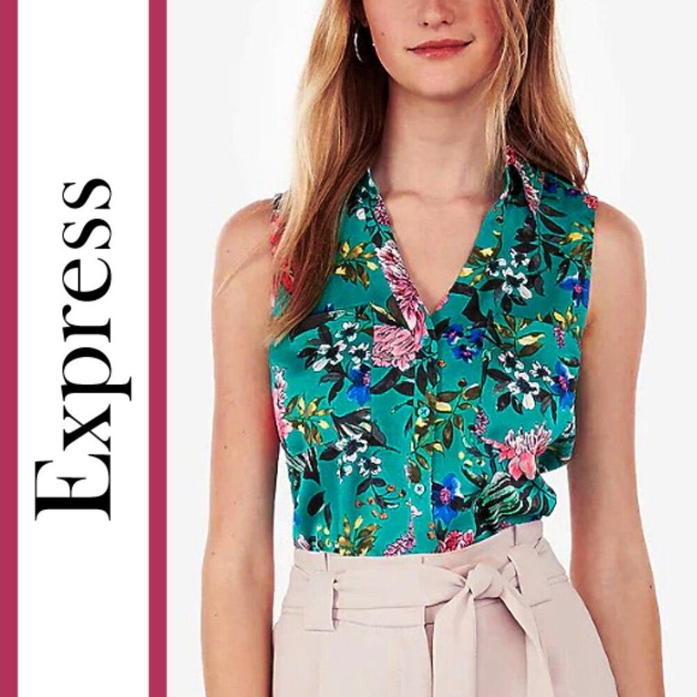 Express | Sleeveless Vibrant Floral Printed Portofino Shirt - Picture 9 of 9